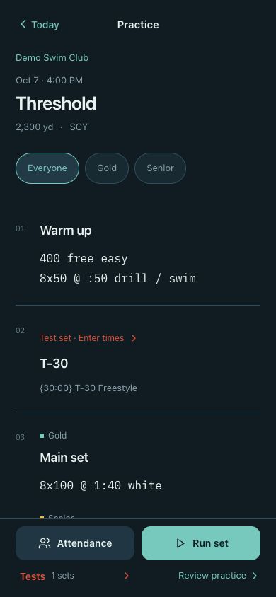 The same practice in Poolside on a phone, with Attendance and Run set at the foot